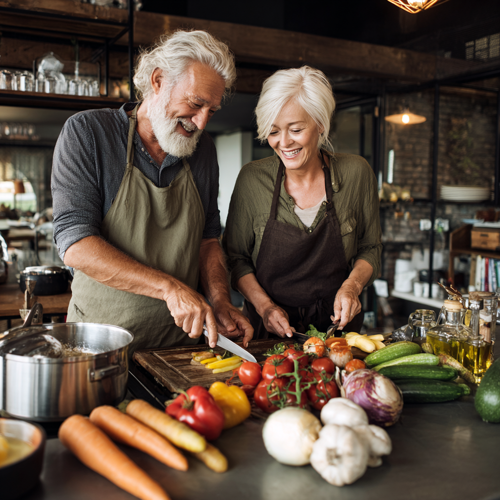 mature adults enjoying healthy cooking together in modern kitchen