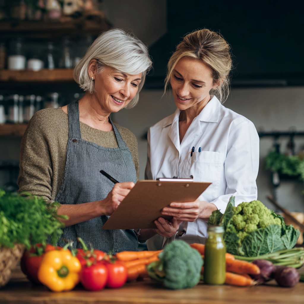 middle-aged woman planning healthy meals with nutritionist guidance